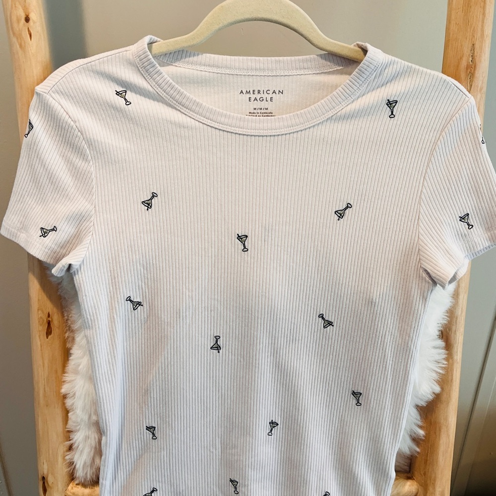 American Eagle Outfitters White Ribbed Crop Top with Black Cocktail Embroidery